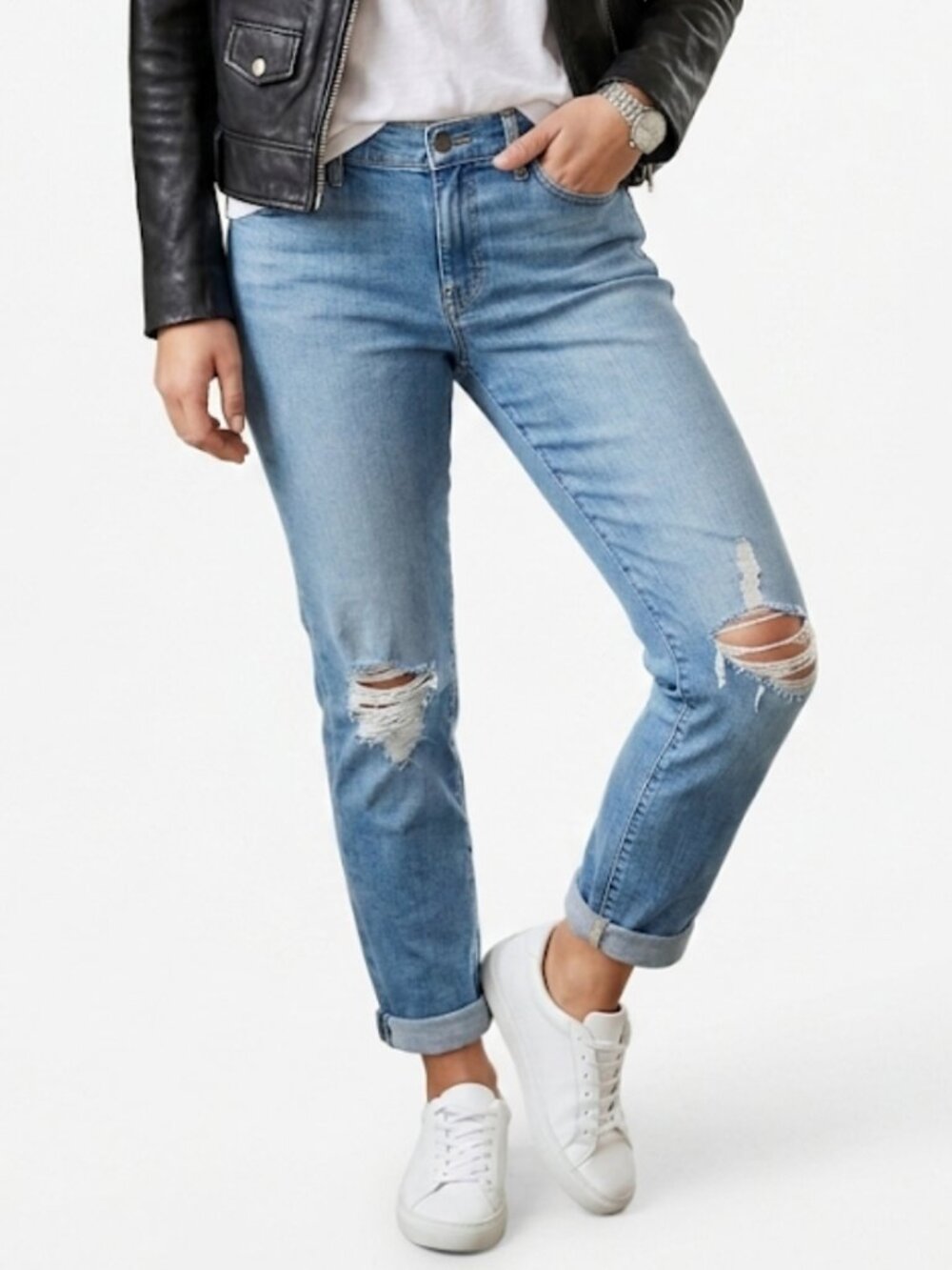 Frame Le Garcon Slim Boyfriend Jeans Blue Distressed Ripped Knee Womens Size 29